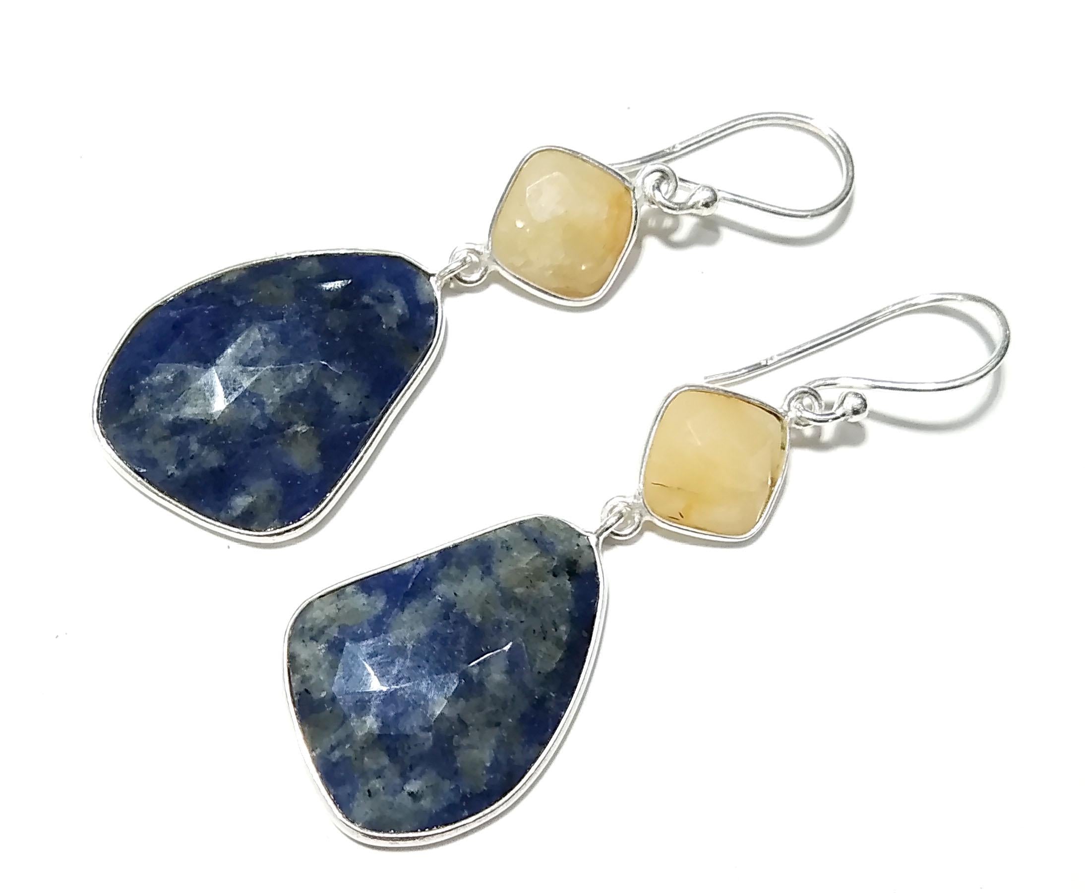 Very Nice Earring ! Yellow Sapphire & Blue Jade Natural Gemstone Earring, 925 Solid Starling Silver Jewelry, Handmade Bezel Earring For Gift